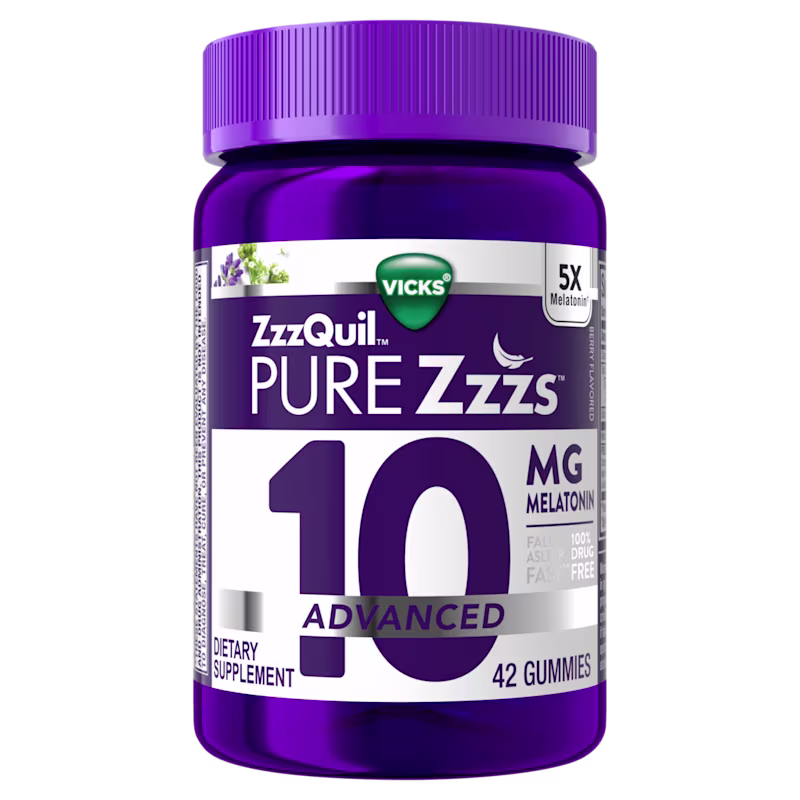 Purple bottle of ZzzQuil PURE Zzzs Advanced 10mg Melatonin Gummies.