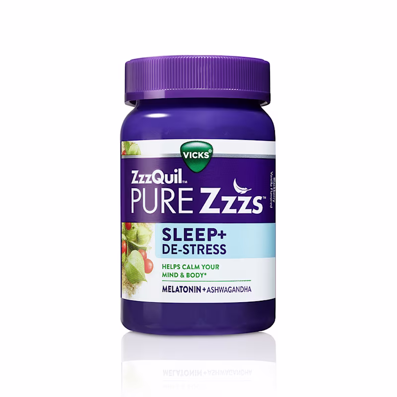 Purple bottle of ZzzQuil PURE Zzzs Sleep+ Destress Melatonin Gummies.