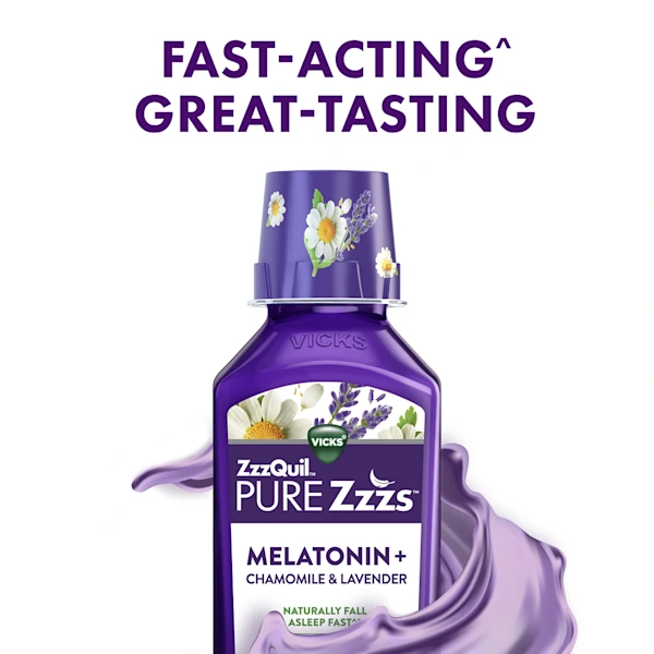 ZzzQuil PURE Zzzs Liquid Melatonin sleep aid purple bottle surrounded by purple liquid and text "Fast acting great tasting" on white background.