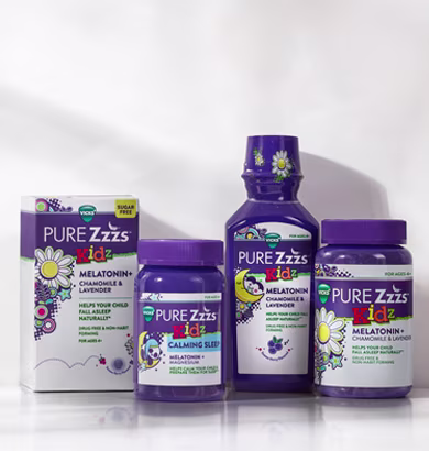 Set of PURE Zzzs Kidz calming sleep supplements with chamomile and lavender.