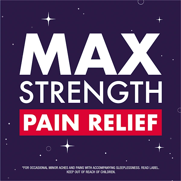Text "MAX STRENGTH PAIN RELIEF" on purple starry background.