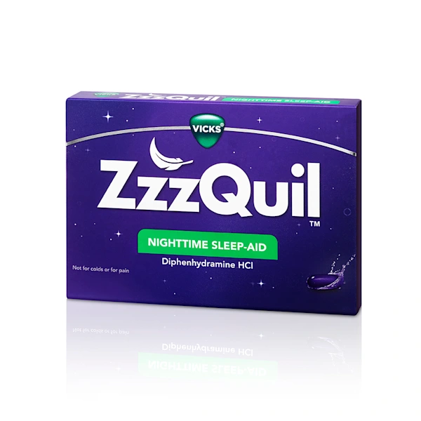 Purple box of ZzzQuil nighttime sleep aid liquicaps.