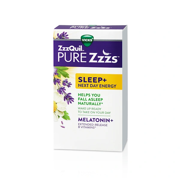 White and purple package of ZzzQuil PURE Zzzs Sleep+ Next Day Energy Tablets.