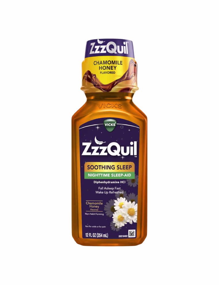 Golden-orange colour bottle of ZzzQuil Soothing Sleep Liquid.