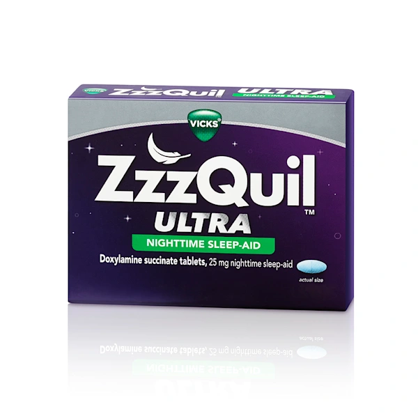 Package of ZzzQuil ULTRA, Nighttime Sleep Aid, 25 mg Doxylamine Succinate Tablet.