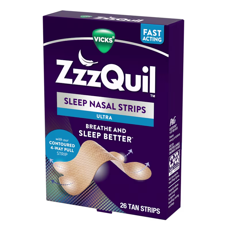 Purple package of ZzzQuil Sleep Nasal Strips Ultra.