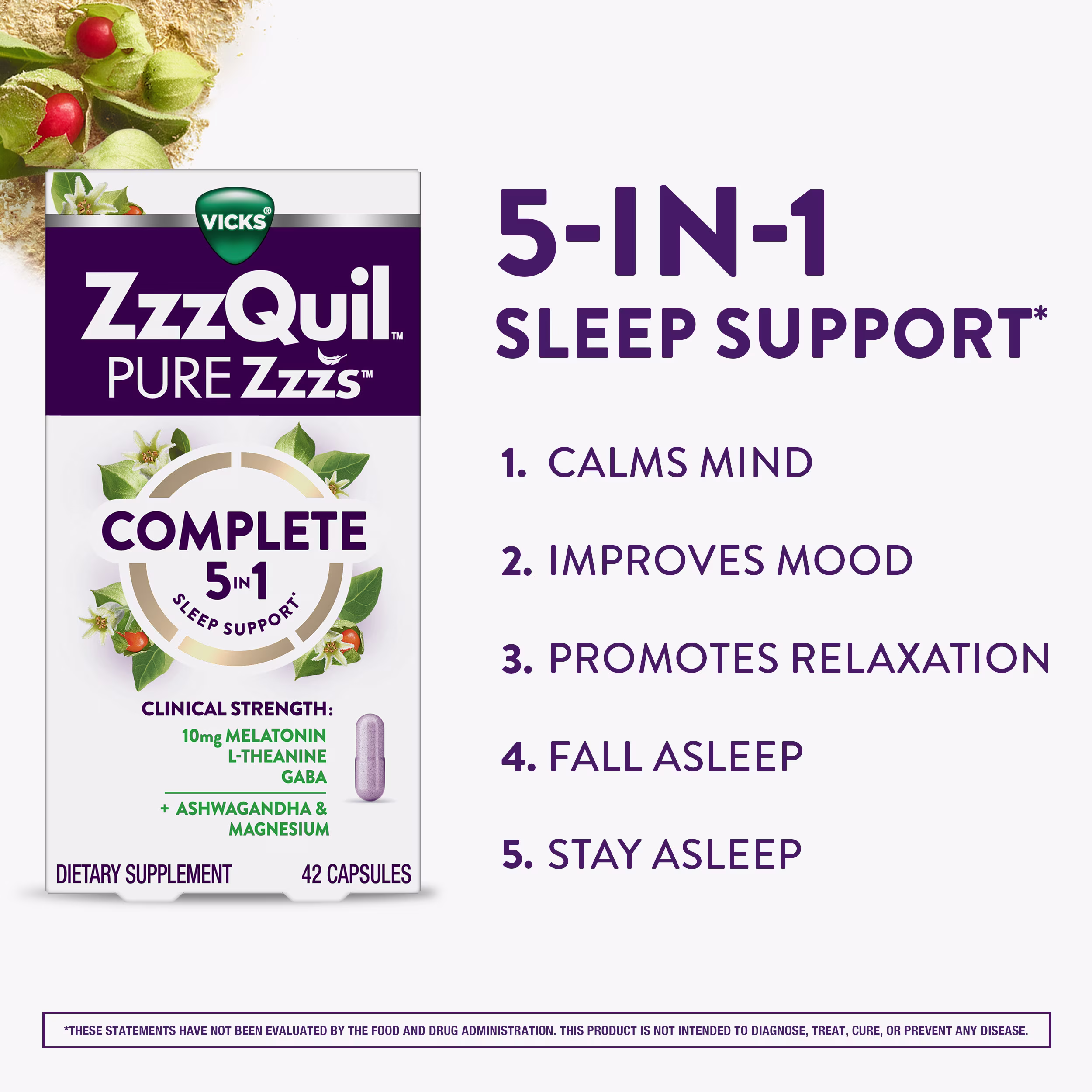 Vicks ZzzQuil Pure Zzzs 5-in-1 sleep supplement packaging showing benefits: calms mind, improves mood, promotes relaxation, and aids sleep.
