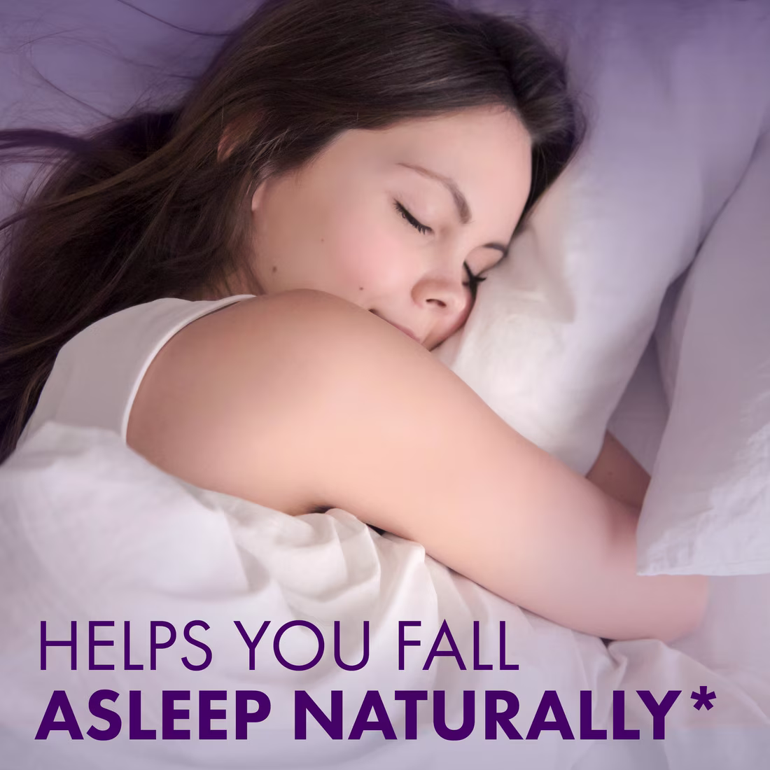 Person resting on a white pillow with text overlay stating "Helps you fall asleep naturally".