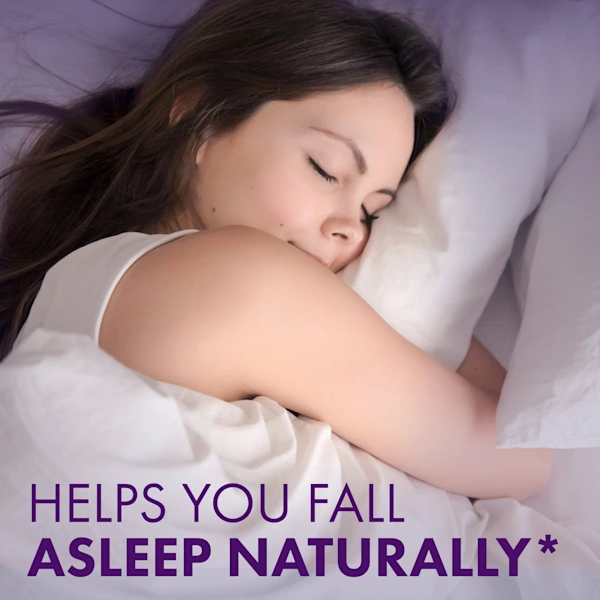 Person resting on a white pillow with text overlay stating "Helps you fall asleep naturally".
