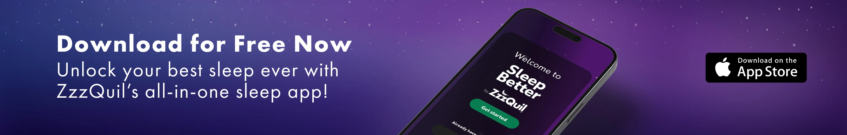 Smartphone displaying ZzzQuil sleep app with "Download for Free Now" text and App Store button on purple background