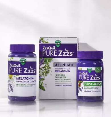ZzzQuil PURE Zzzs melatonin sleep supplements featuring Chamomile & Lavender, All Night Extended Release, and Triple Action arranged on a white background.