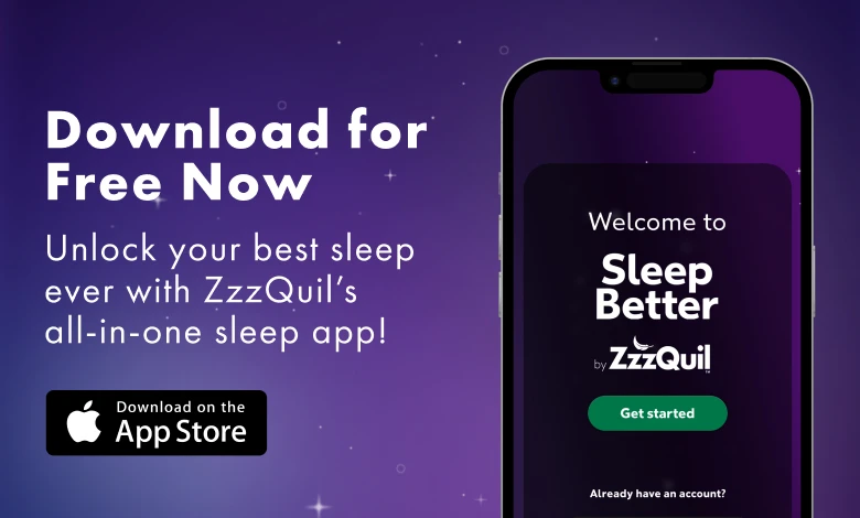 Smartphone displaying ZzzQuil sleep app with "Download for Free Now" text and App Store button on purple background