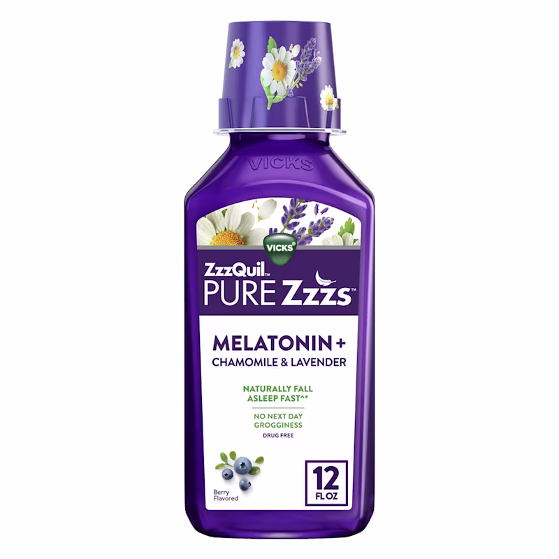 Purple bottle of ZzzQuil PURE Zzzs Liquid Melatonin sleep aid.