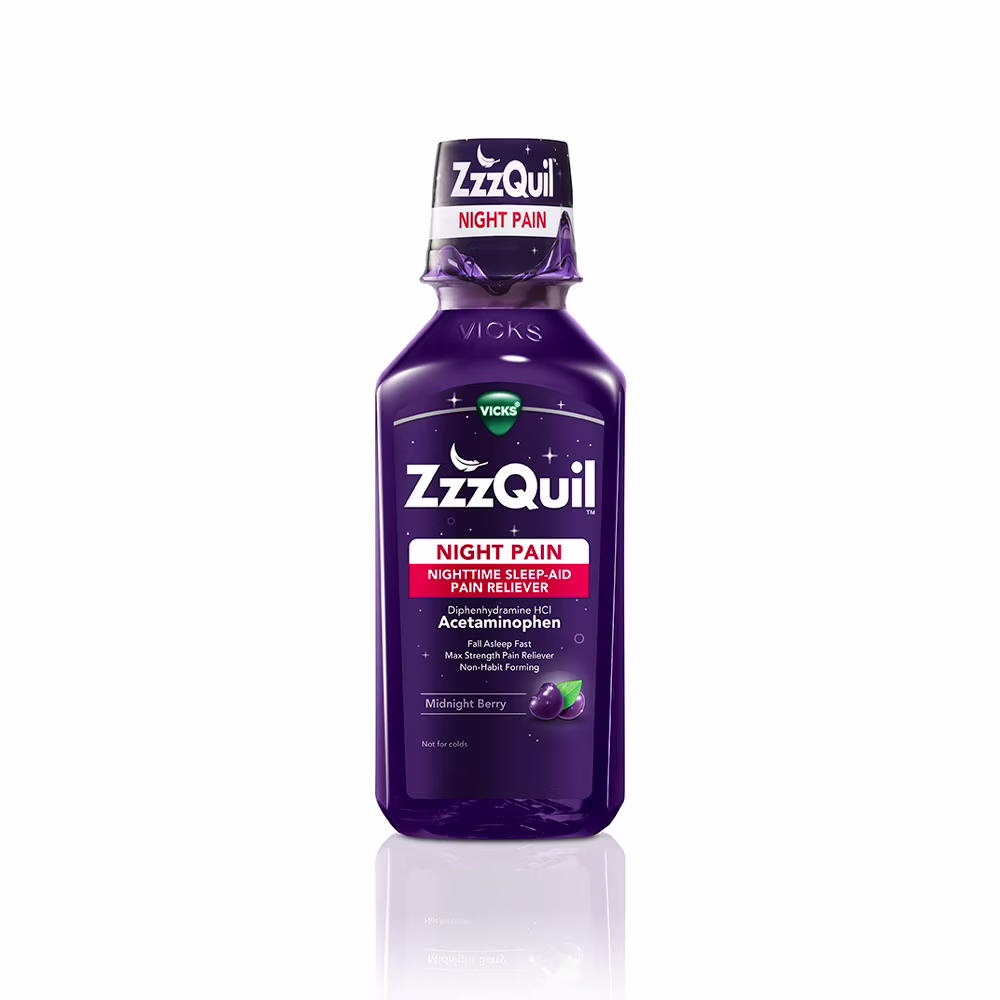 Purple bottle of ZzzQuil Night Pain Liquid.