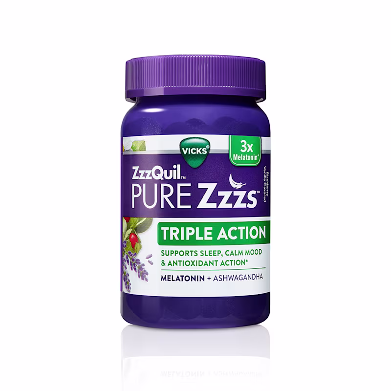 Purple bottle of ZzzQuil PURE Zzzs Triple Action Melatonin Gummies.