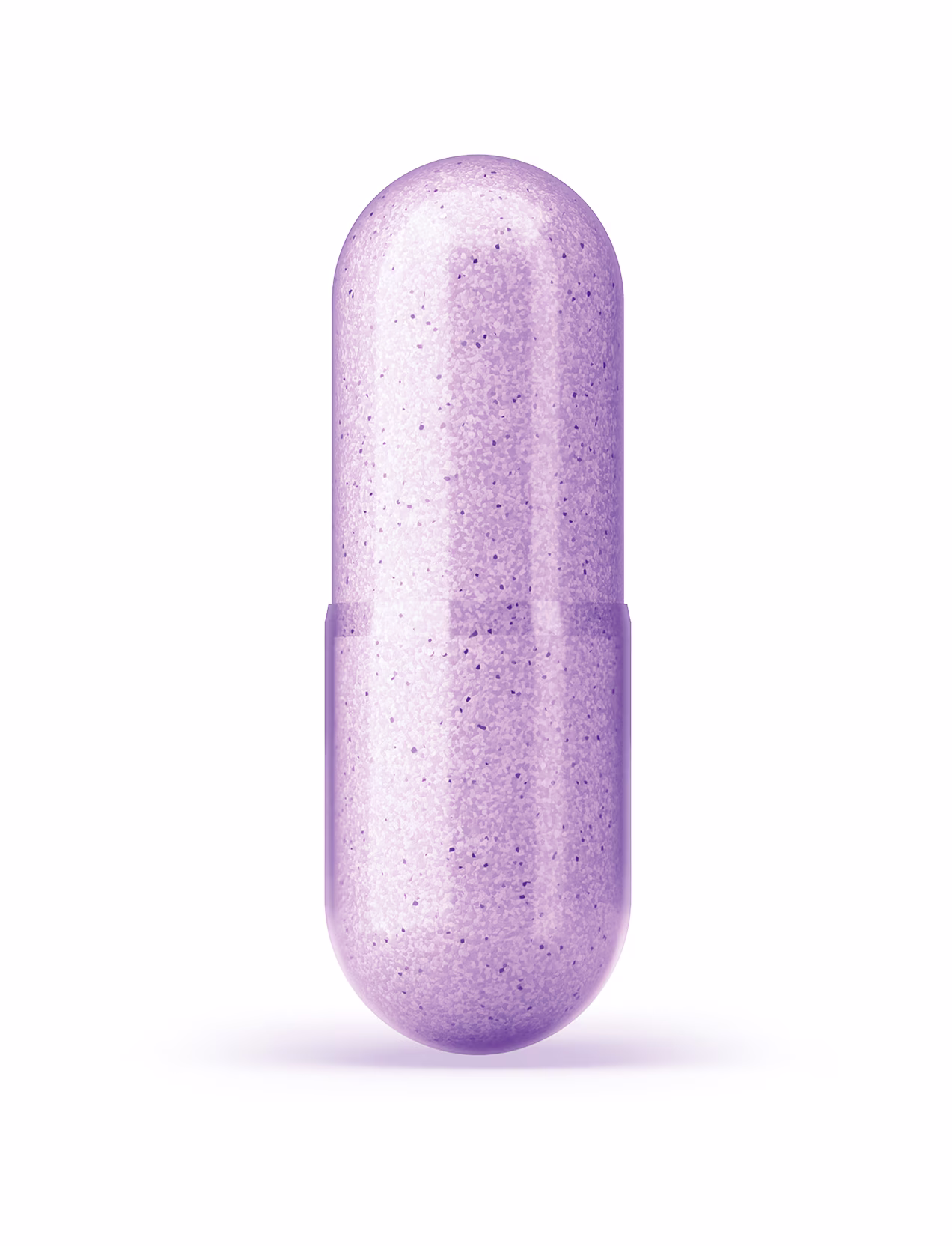 Lavender purple pill capsule with speckled texture against white background.