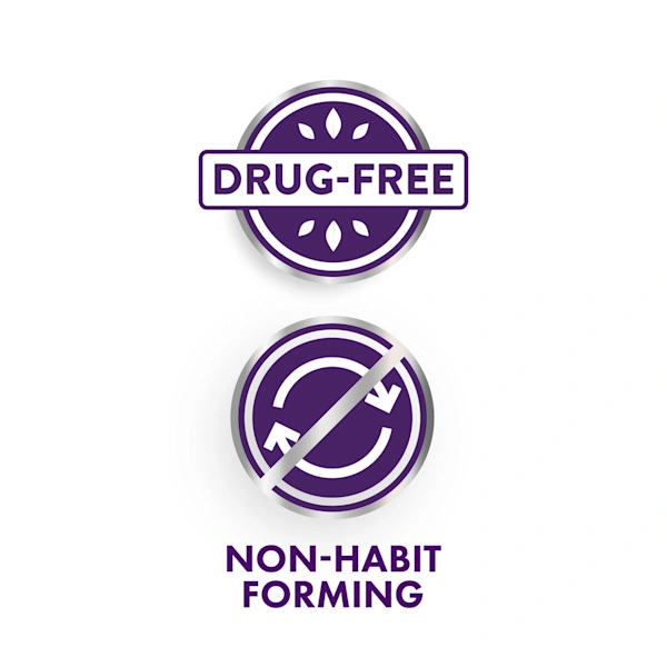 Two purple circular icons with text "Drug Free" and "Non-Habit Forming" on white background.