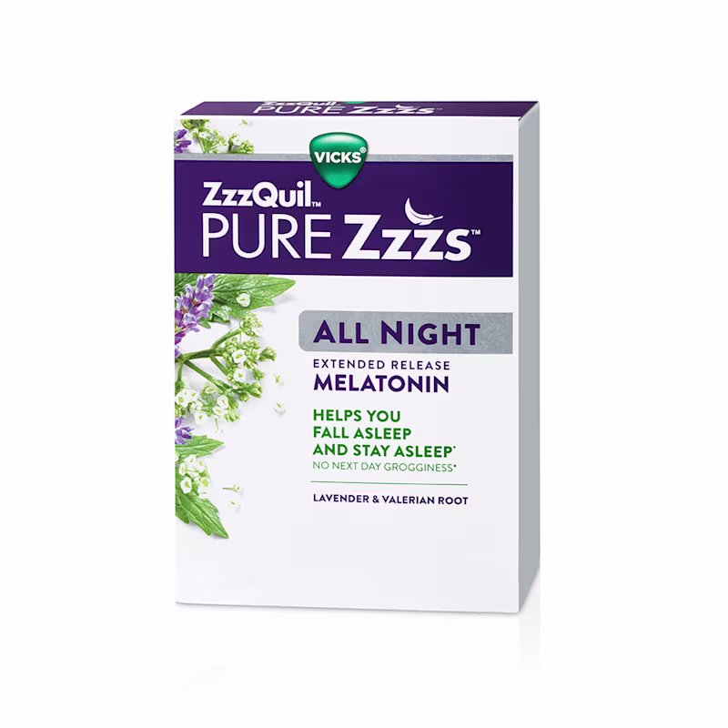 Package of ZzzQuil PURE Zzzs All Night Extended Release Melatonin Tablets.