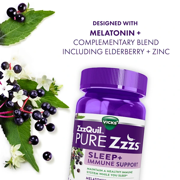 Purple bottle of ZzzQuil Pure Zzzs Sleep + Immune Support supplement displayed with elderberries and green leaves and text "Designed with melatonin + complementary blend including elderberry + zinc" on white background.