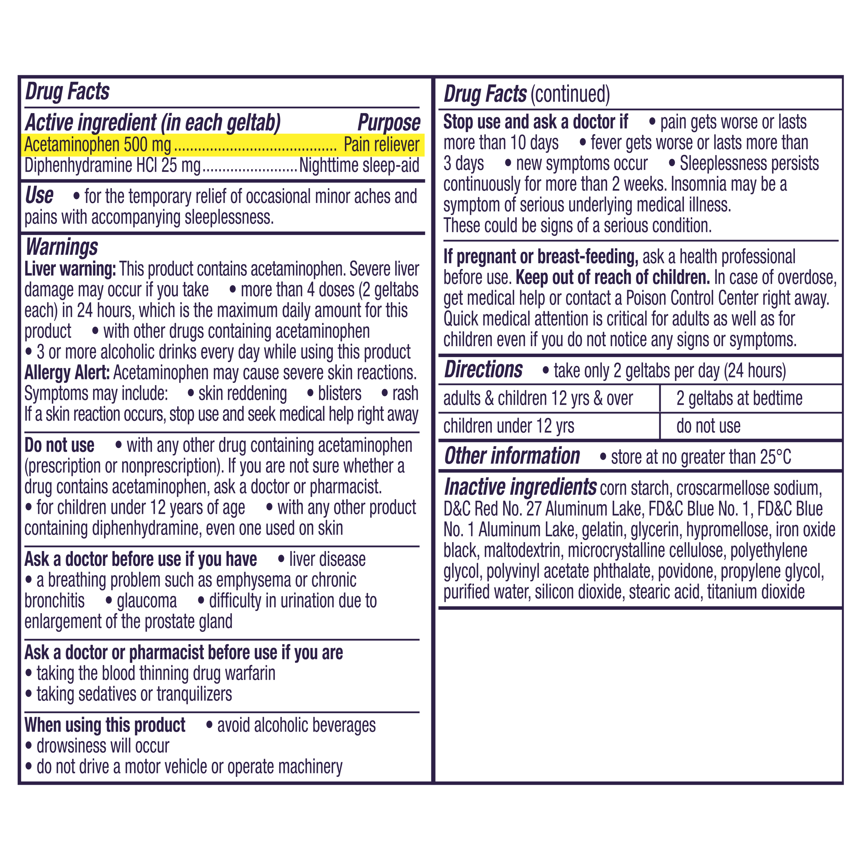 ZQ Night Pain Gel Tabs - Label Facts