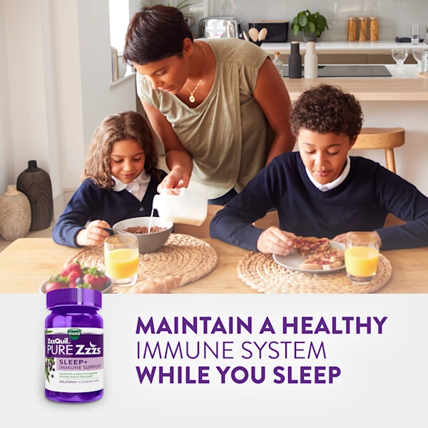 Family having breakfast with bottle of ZzzQuil Pure Zzzs Sleep + Immune Support supplement and text "Maintain a healthy immune system while you sleep".