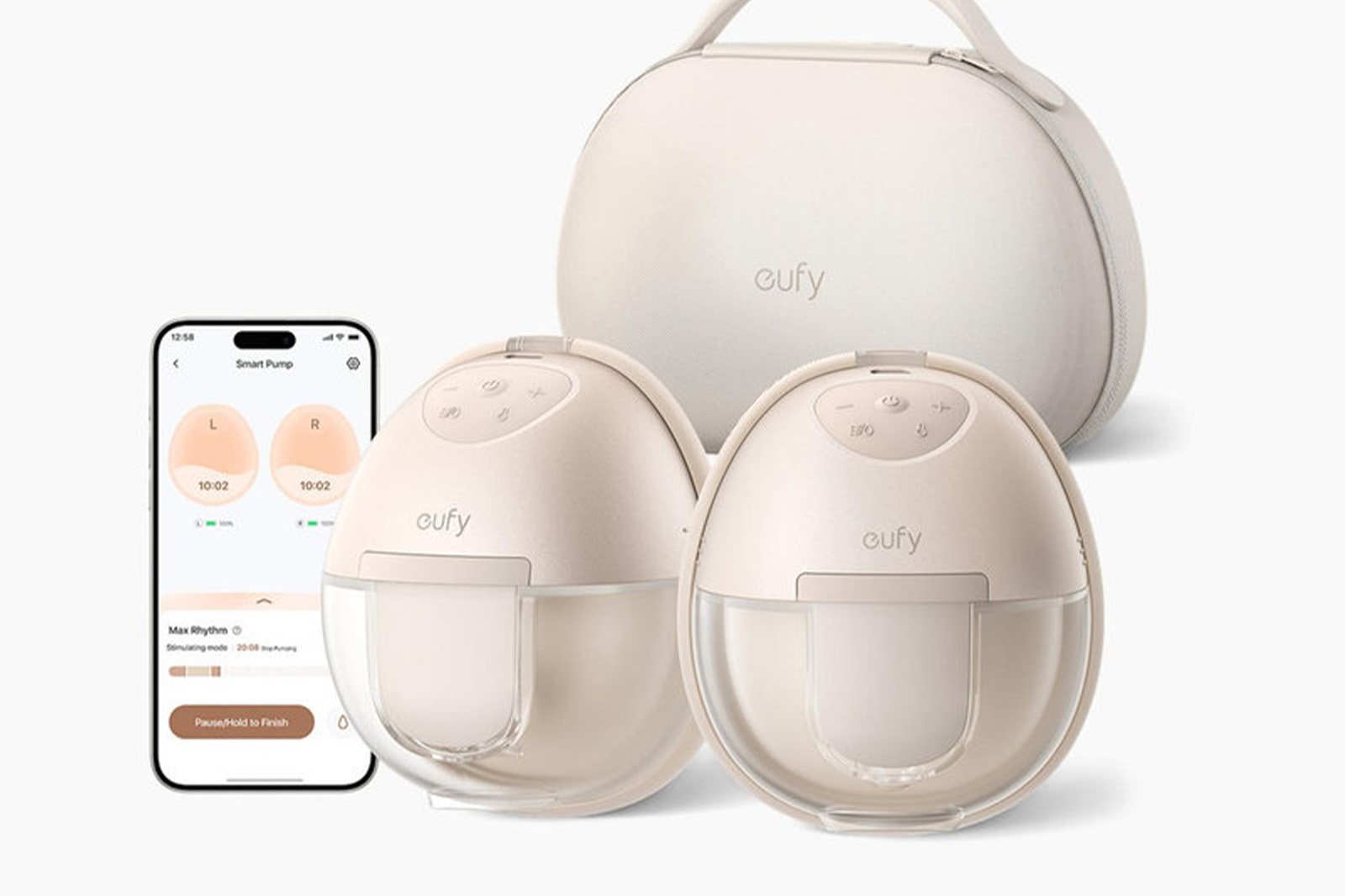  Eufy Wearable Heated S1 Pro Breast Pump with two beige pumps, carrying case, and smartphone displaying app interface on white background.