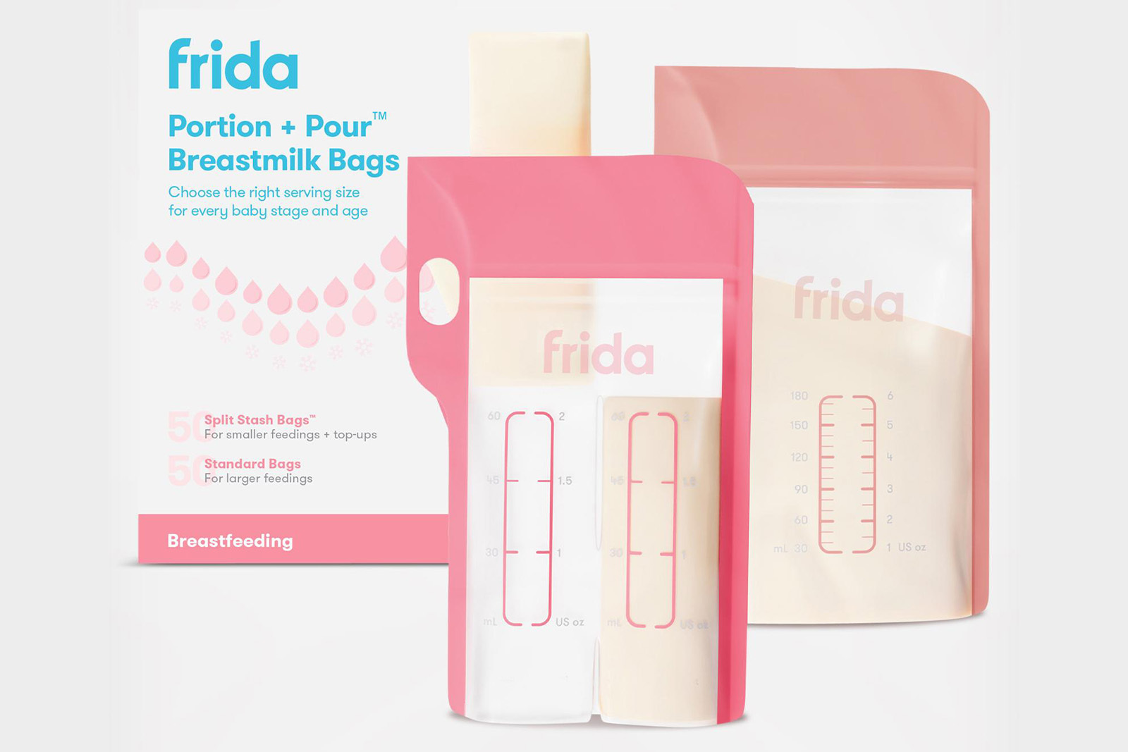 Frida Baby Breastmilk Storage Bag Variety Pack, Set of 2; Portion + Pour breastmilk storage bags in pink and cream packaging with measurement markings displayed on white background.