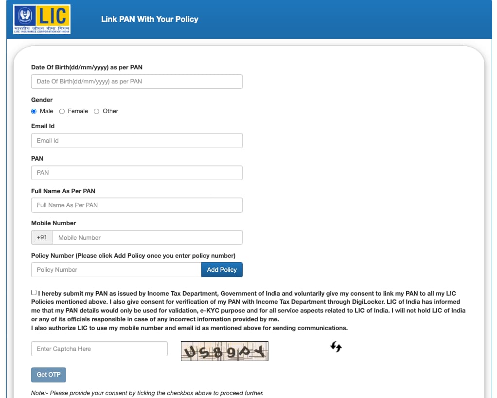 How to link PAN with LIC policy