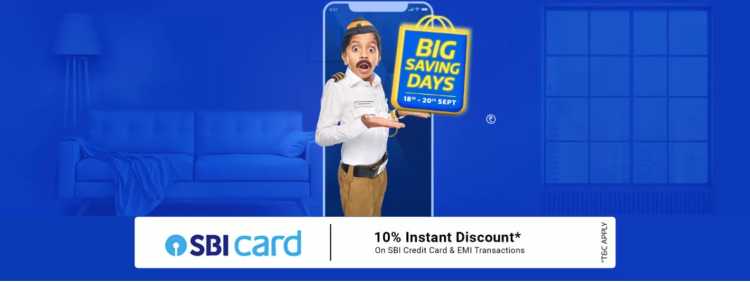 Flipkart Big saving days( 18-20 Sep ) - up to 90% off + 10 % instant discount on SBI Credit cards
