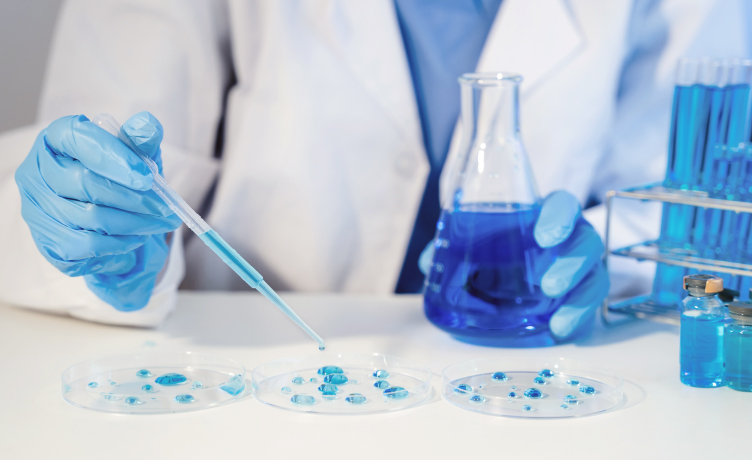 Dłoń w niebieskiej rękawiczce nanosi pipetą krople niebieskiego płynu na płytki Petriego. Obok stoją kolby i fiolki z niebieską cieczą.