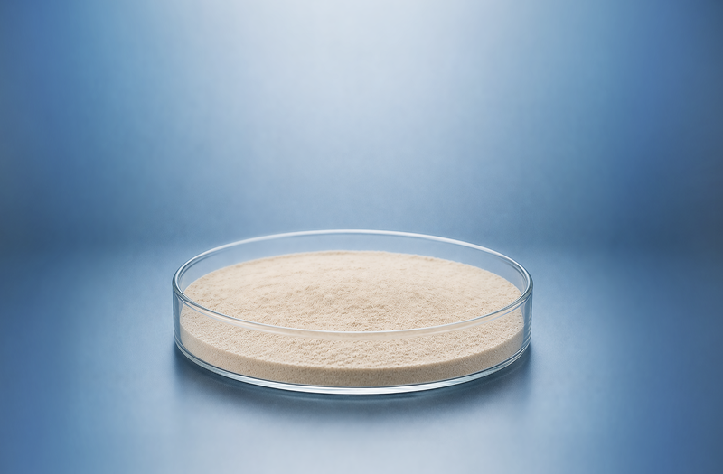 Light-colored TuriKer® β-keratin hydrolysate powder in a glass laboratory dish.