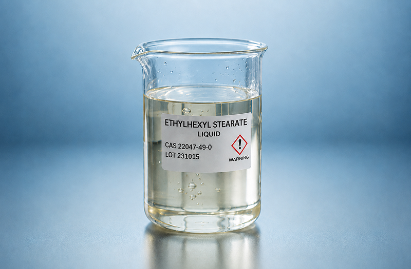 Zlewka laboratoryjna z przeźroczystą cieczą, etykietą Ethylhexyl Stearate i piktogramem ostrzegawczym, na niebieskim tle.
