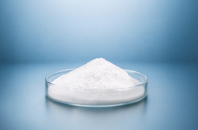A white, fine-grained substance piled into a small mound on a glass Petri dish, against a smooth blue background.
