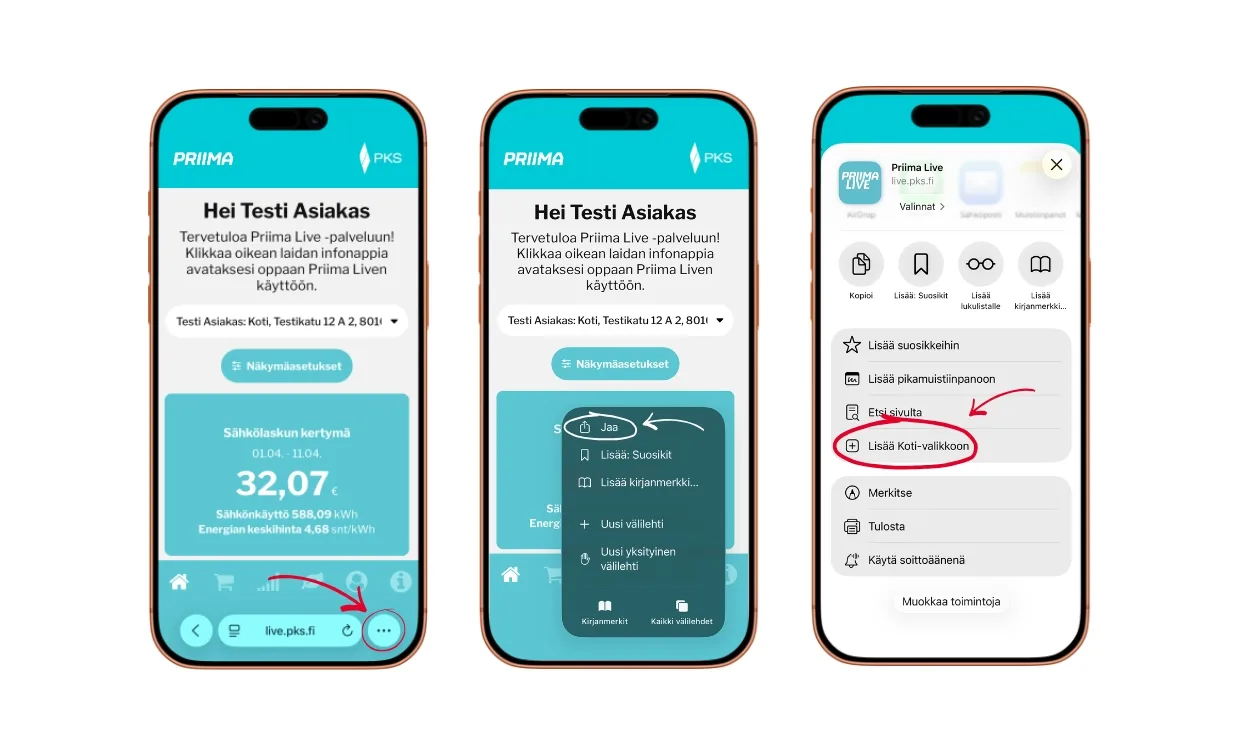 Priima Live aloitusnäyttöön IOS
