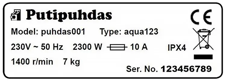 Arvokilvestä löytyvät sähkölaitteen tärkeimmät tekniset tiedot. Kuvitteellinen pesukoneen arvokilpi. (Lähde: Tukes)