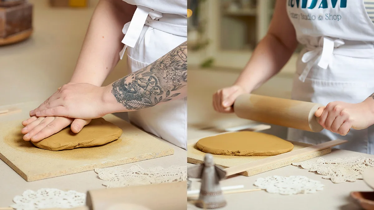 1.	Lämmitä savi työstämällä.
2.	Kauli savi haluttuun paksuuteen.