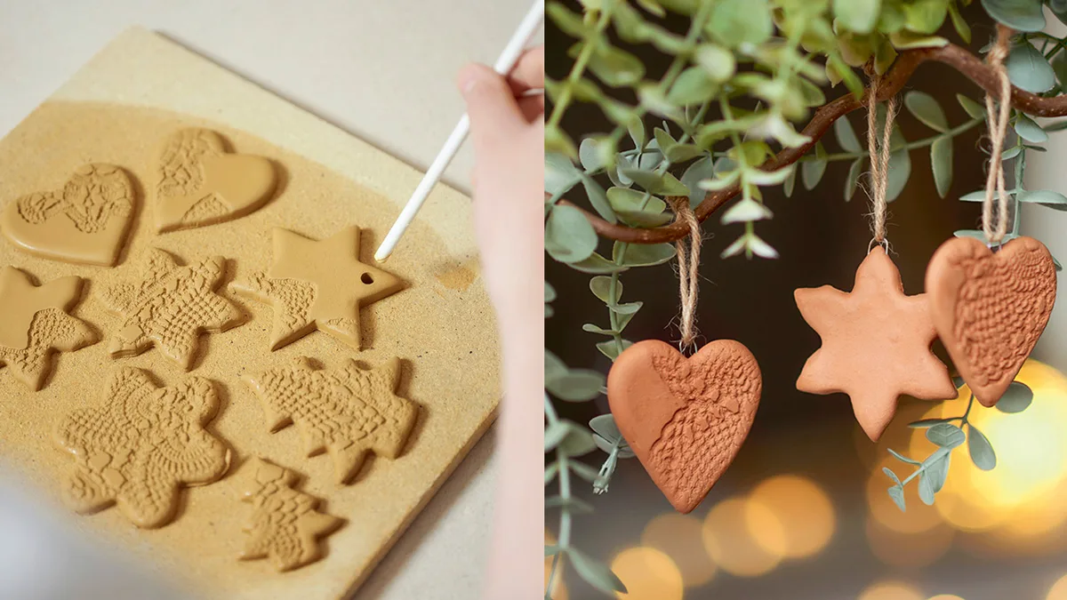 7.	Paina ripustusreikä paikalleen sopivaan kohtaan.
8.	Anna kuivua. Kovettuminen vie savikoristeen paksuudesta riippuen päivän tai pari.
9.	Kiinnitä narut kuiviin koristeisiin.