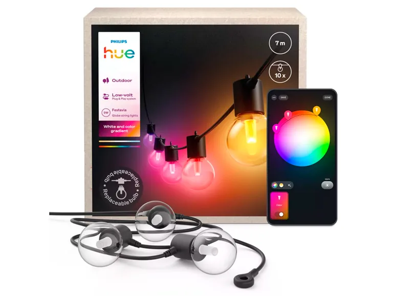 Philips Hue Festavia valosarja sopii suoraan Philipsin Hue-järjestelmään ja valaisee miljoonissa väreissä ja valkoisen sävyissä sisällä tai ulkona. Valoja ohjataan sovelluksella tai äänikomennoilla. Hue Smart plugin kanssa voit kytkeä järjestelmään myös tavalliset jouluvalot.
