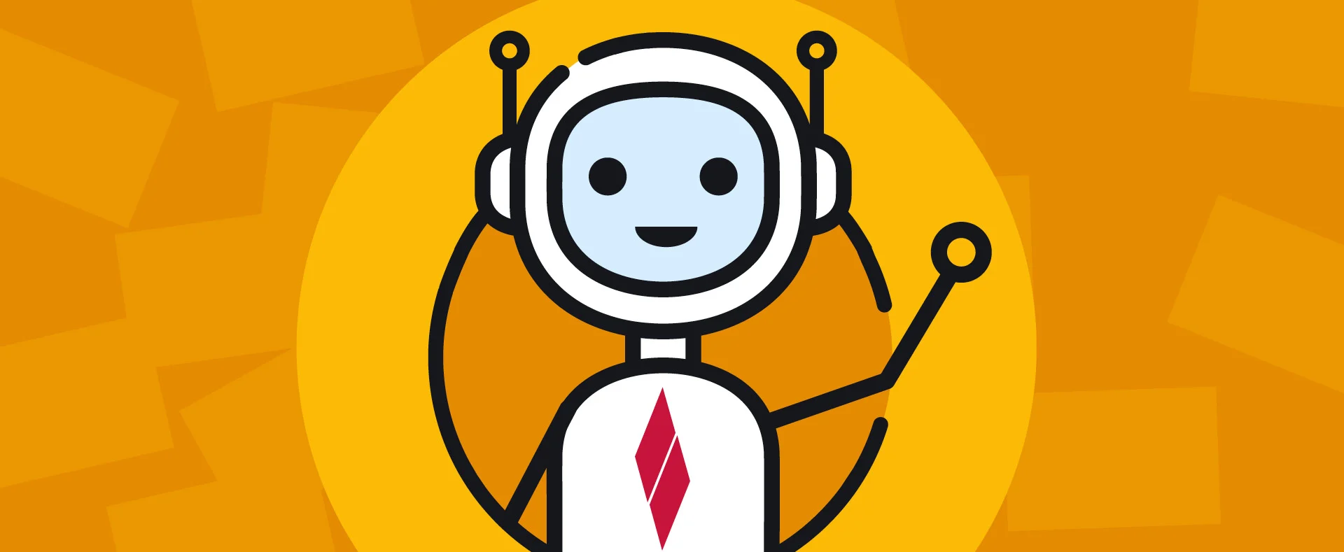 Valkoinen piirroshahmo robotti hymyilee ja vilkuttaa kameralle keltaisen ja oranssin taustan edessä.