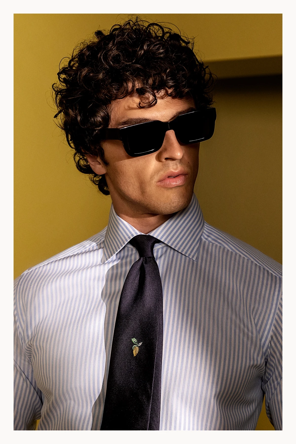 lemon tie blue and striped blue shirt on model