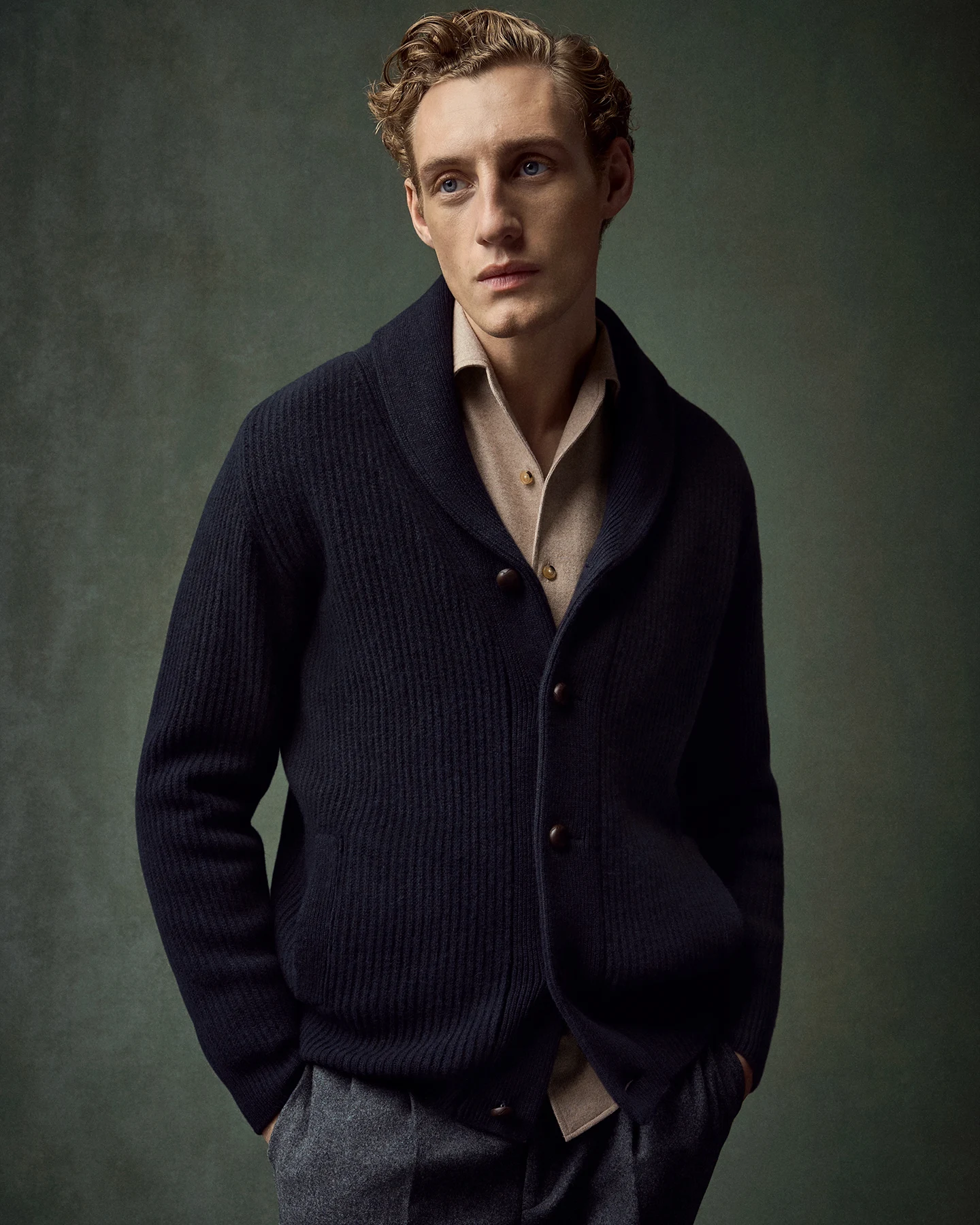 Navy Shawl Collar with beige flannel shirt