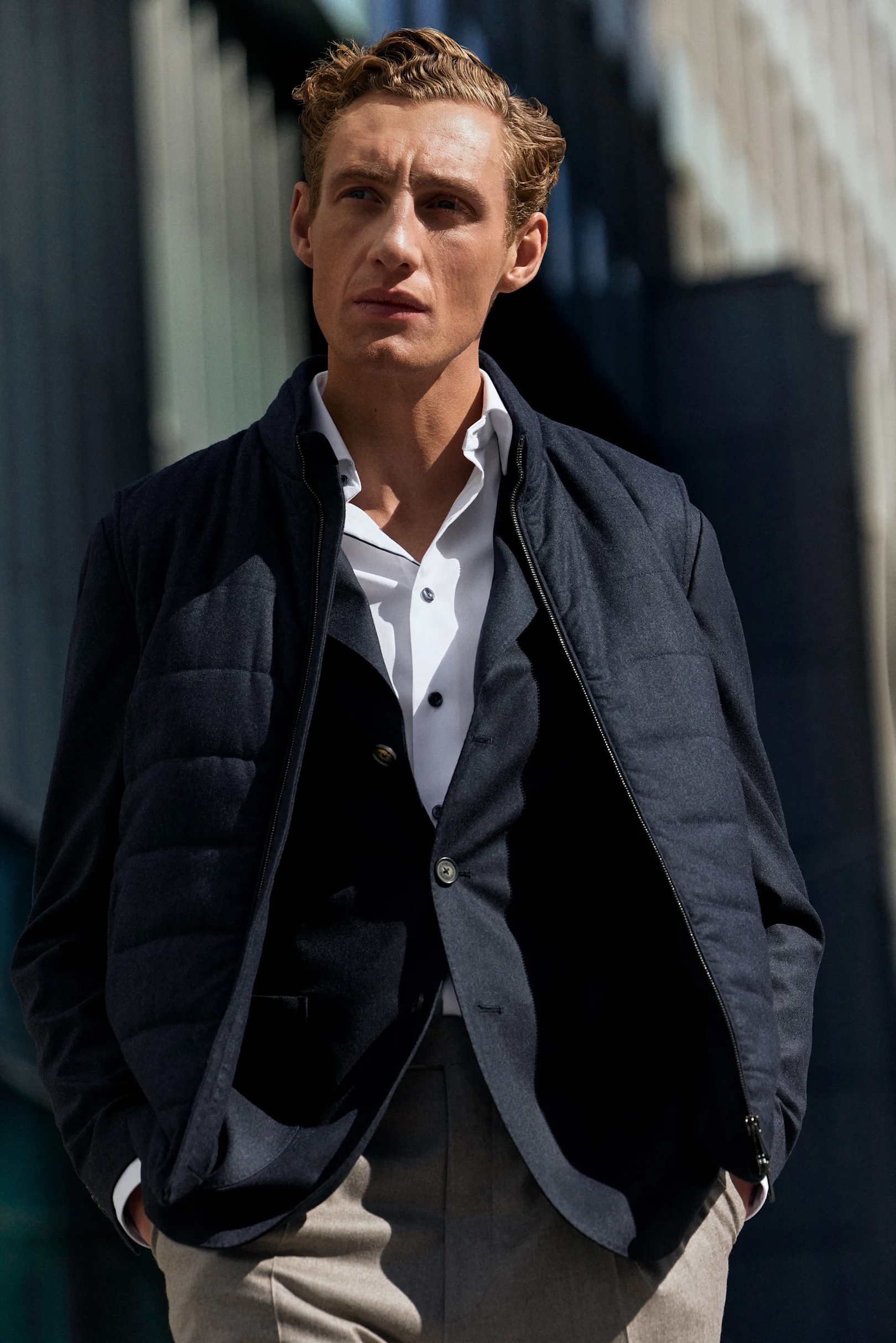 vest, soft jacket and white shirt navy details