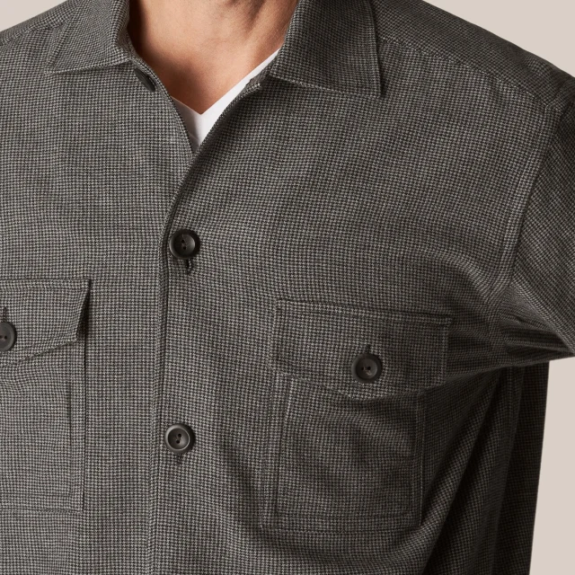 Light Gray Houndstooth Cotton-Wool-Cashmere Flannel Overshirt - Eton