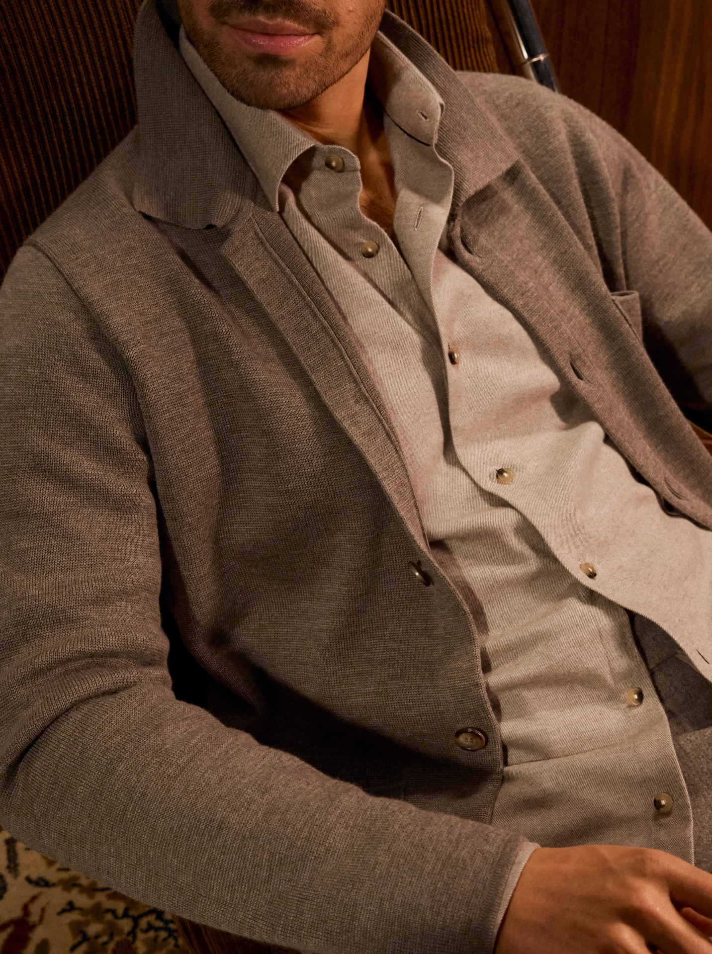 beige cardigan and flanell shirt