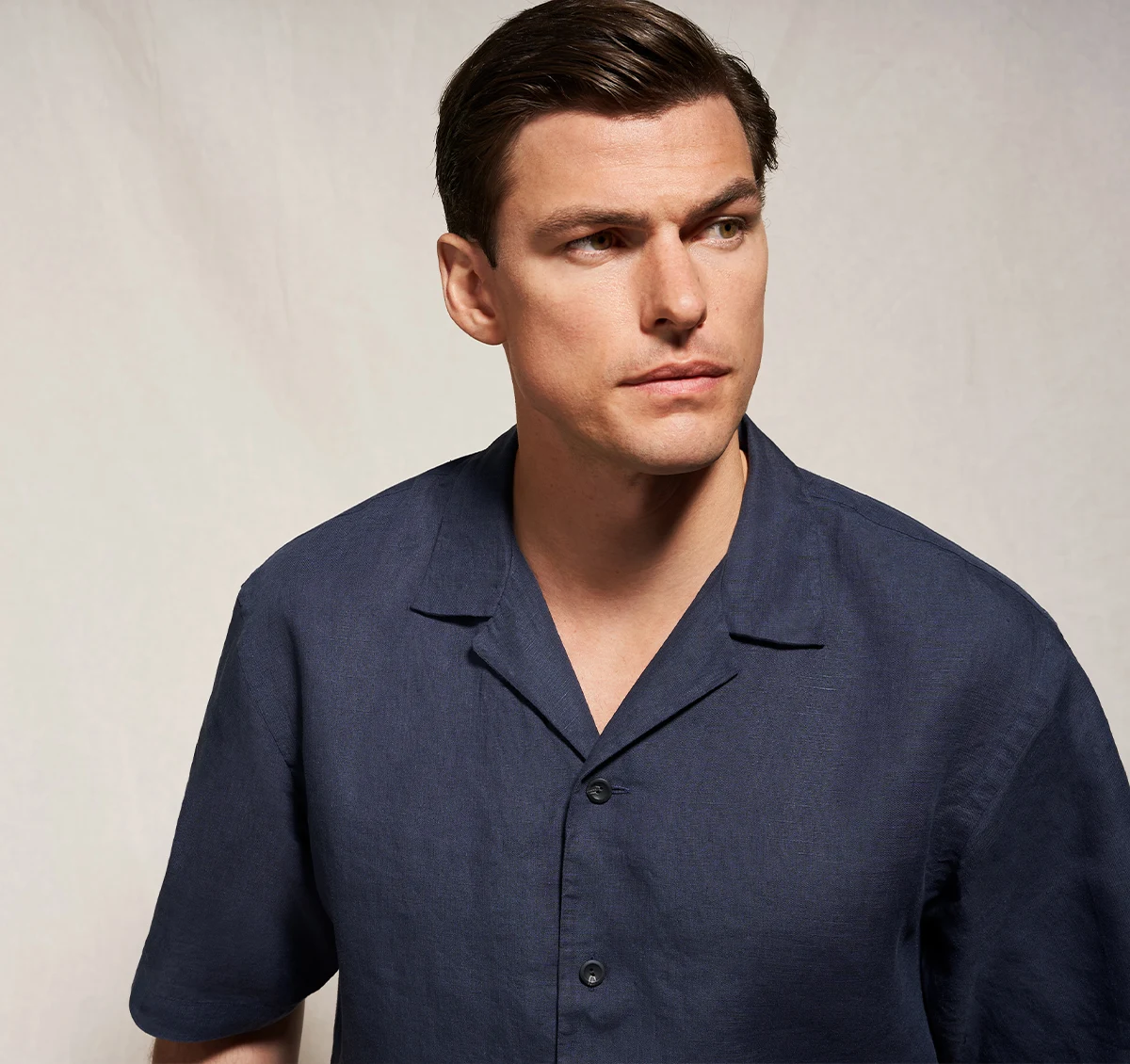 model wearing linen resort shirt