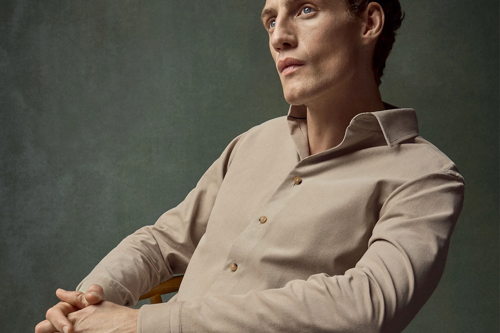 beige corduroy shirt on model