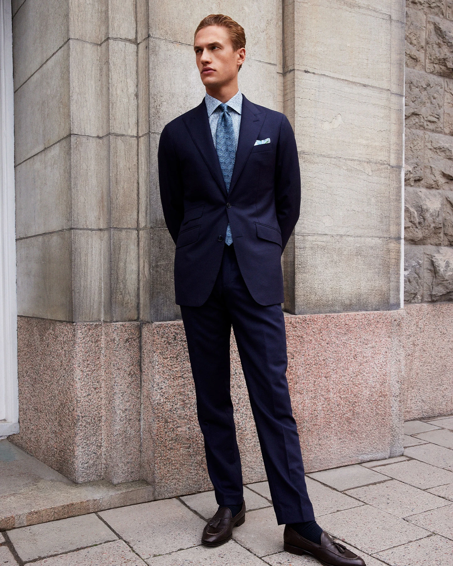 detailed floral print shirt in blue with suit and tie