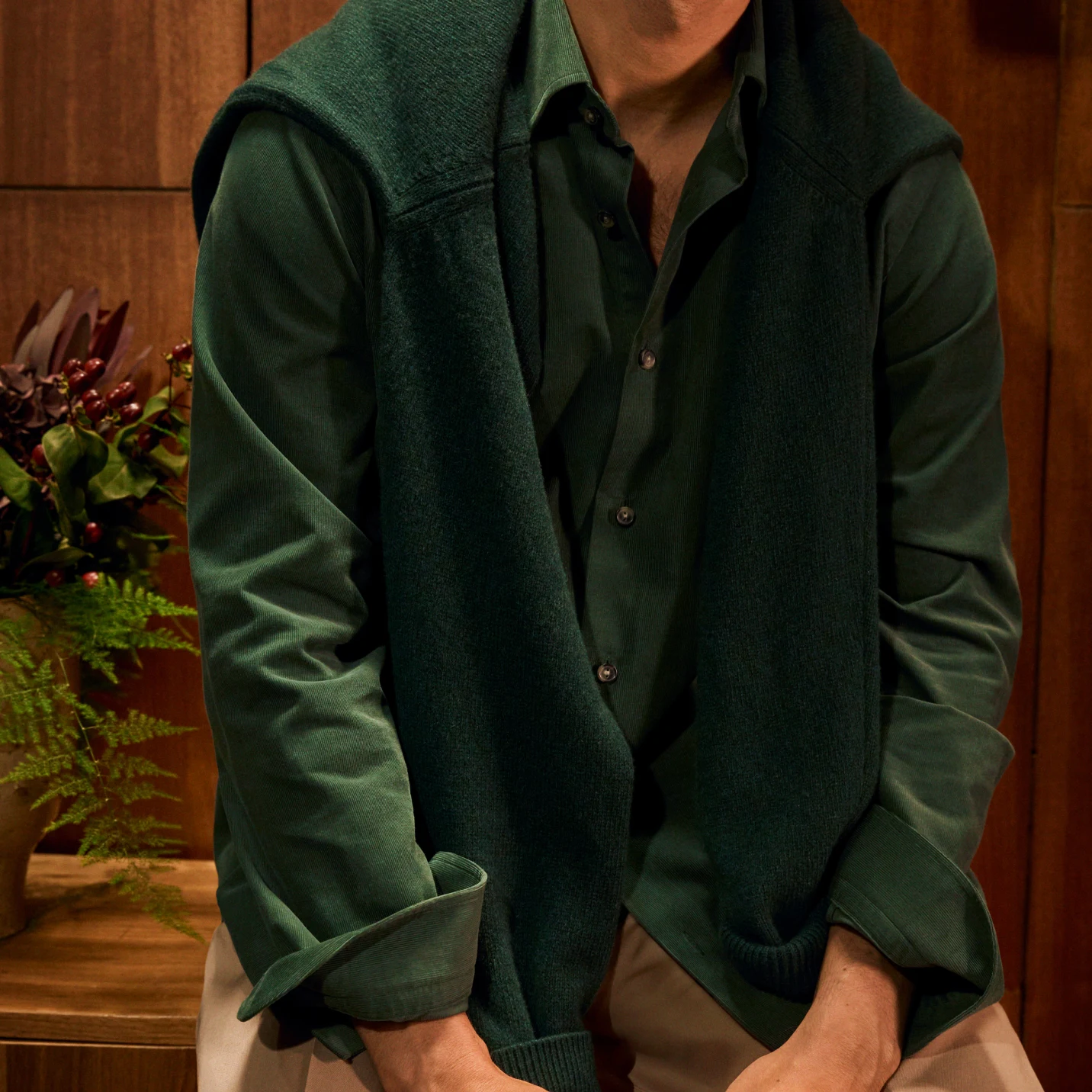 cord shirt and sweater over