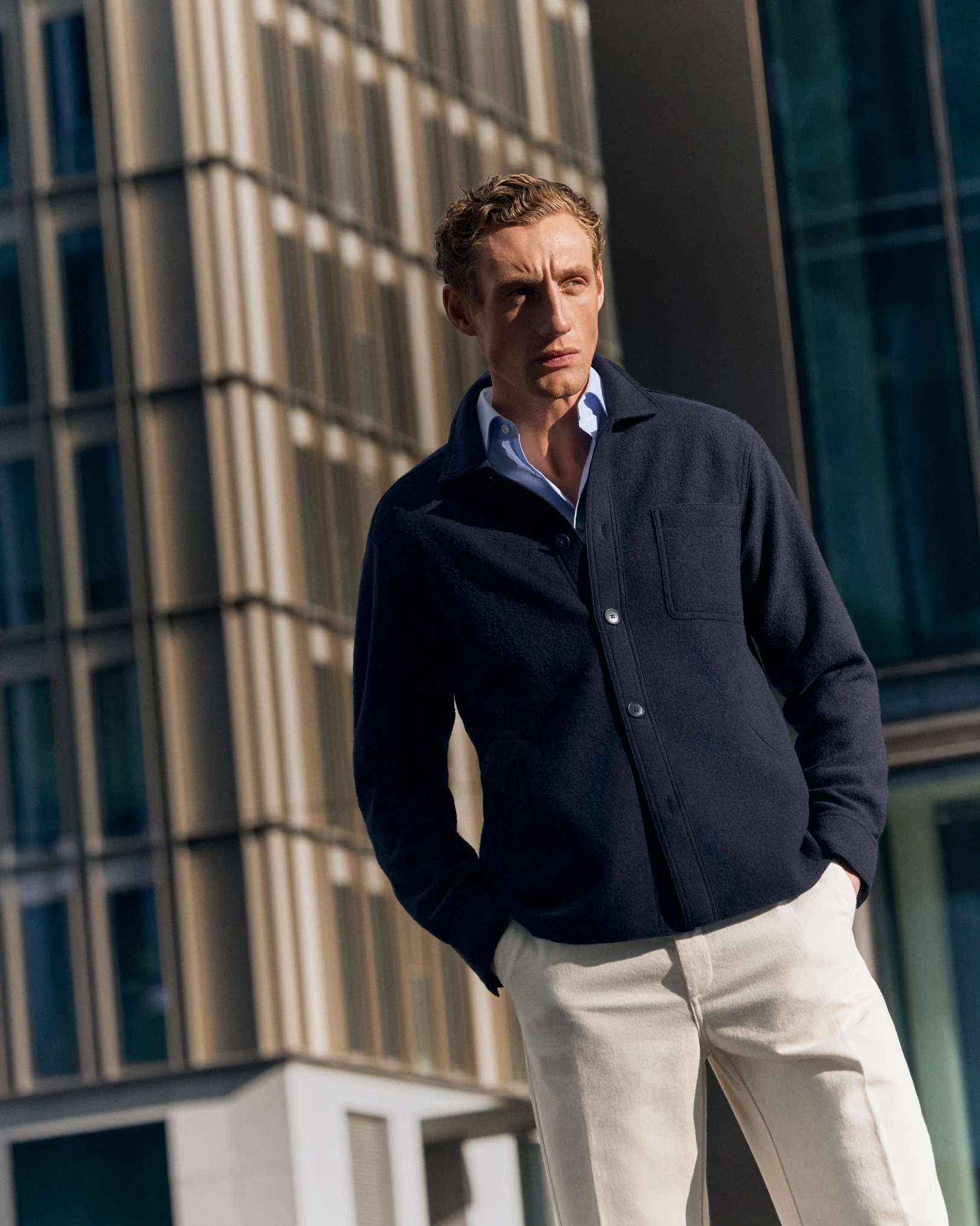 boiled wool shirt jacket and light shirt