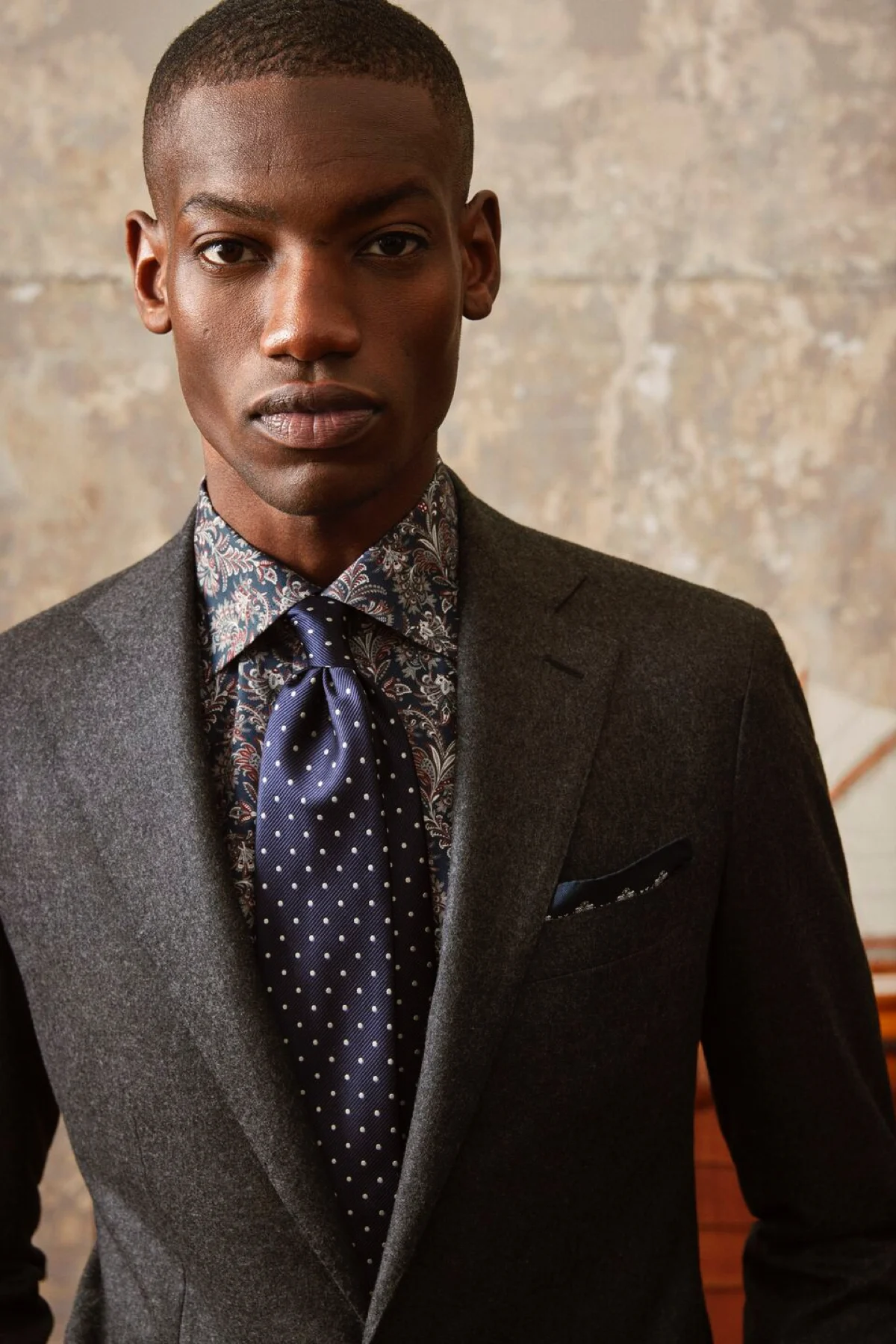 paisley shirt with suit on model